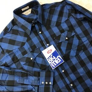 Vintage Timber Run Pearl Snap Shirt Mens XL Blue Black Plaid Western Deadstock